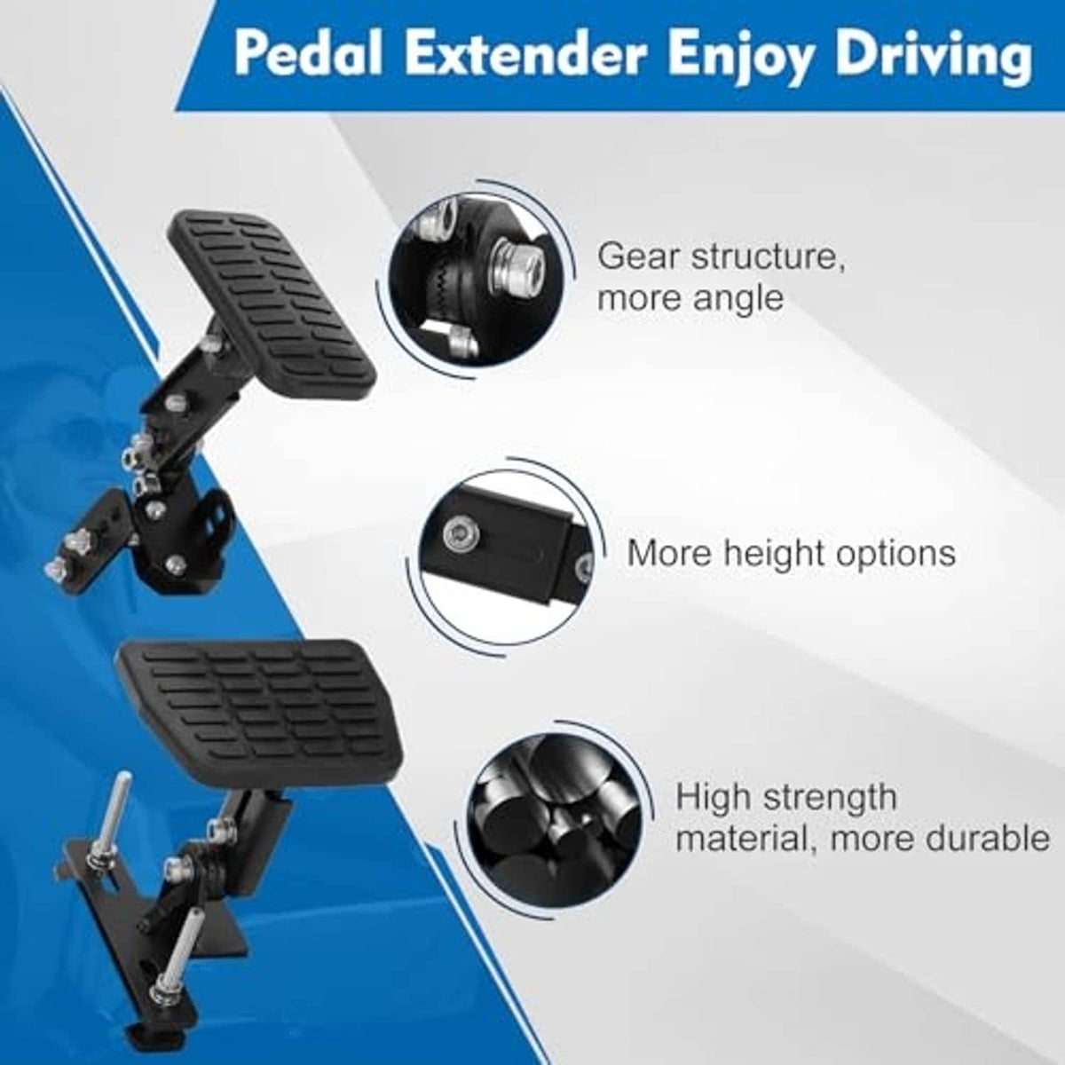 Brake pedal extender kit with textured footpads and visible height-adjustment mechanism