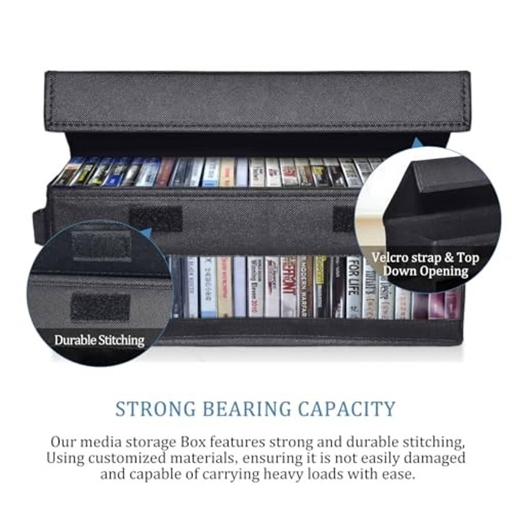 Black media storage box with clear window, top flap secured by Velcro strap