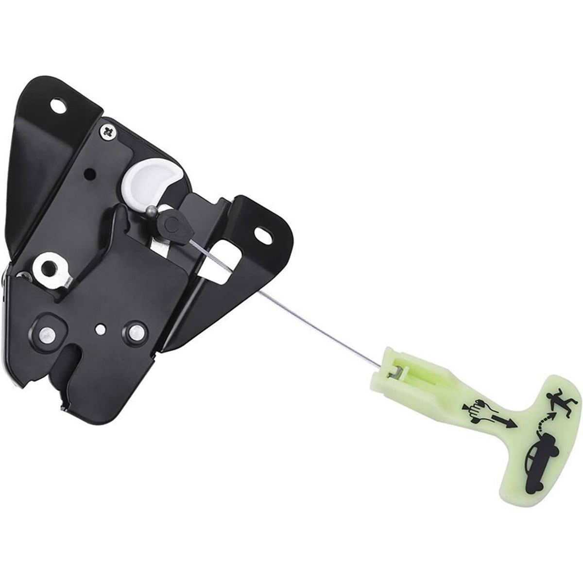 Trunk latch actuator with black mounting bracket and green emergency release handle