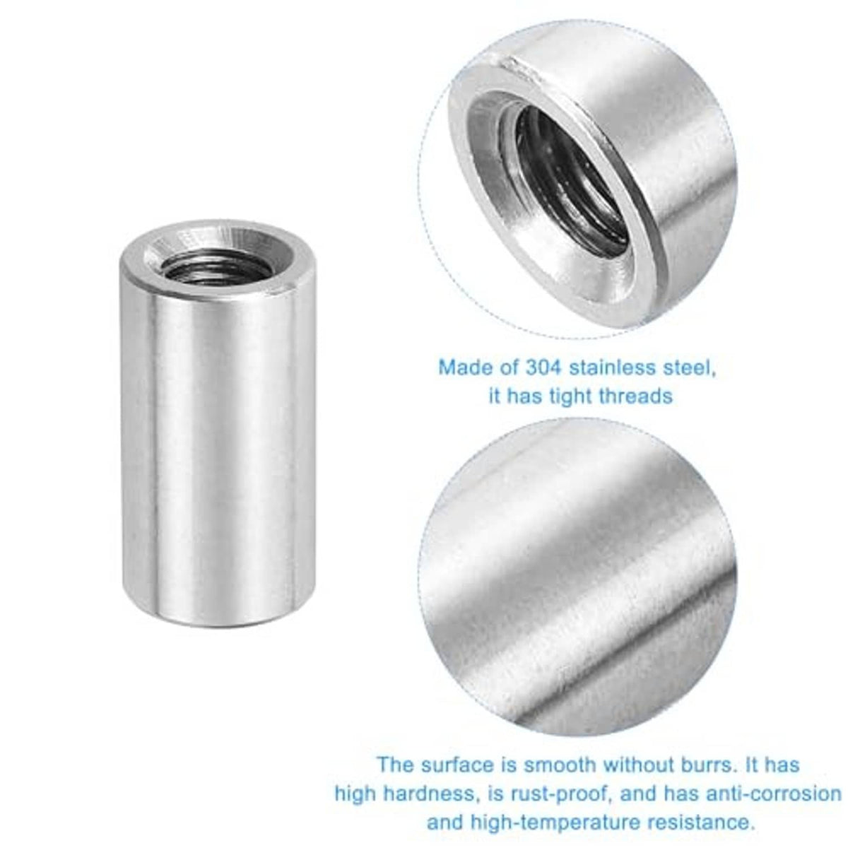 Round 304 stainless steel coupling nut with internal threads and smooth metal finish