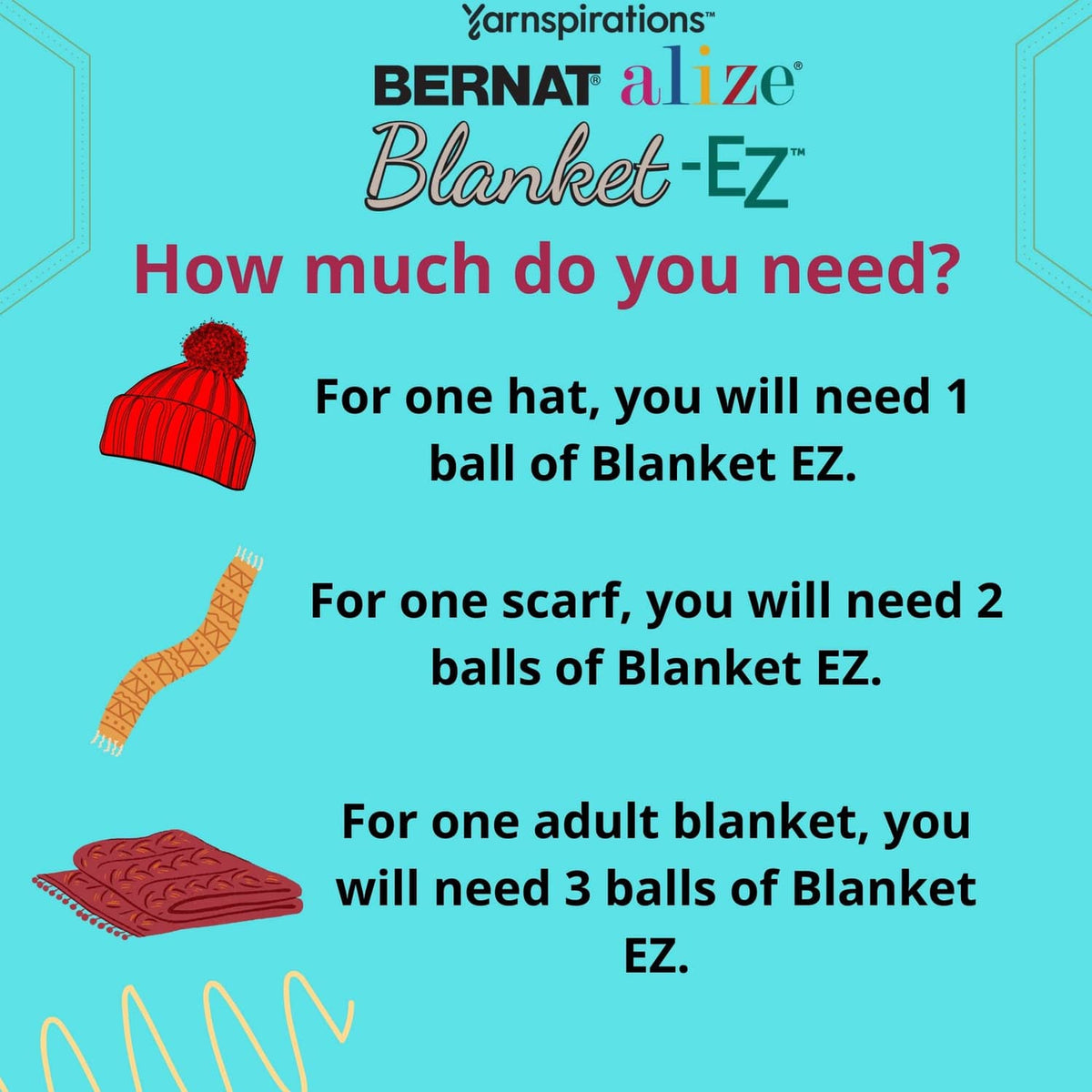 Blanket-EZ how-to guide card showing yarn amounts for hats, scarves, and blankets