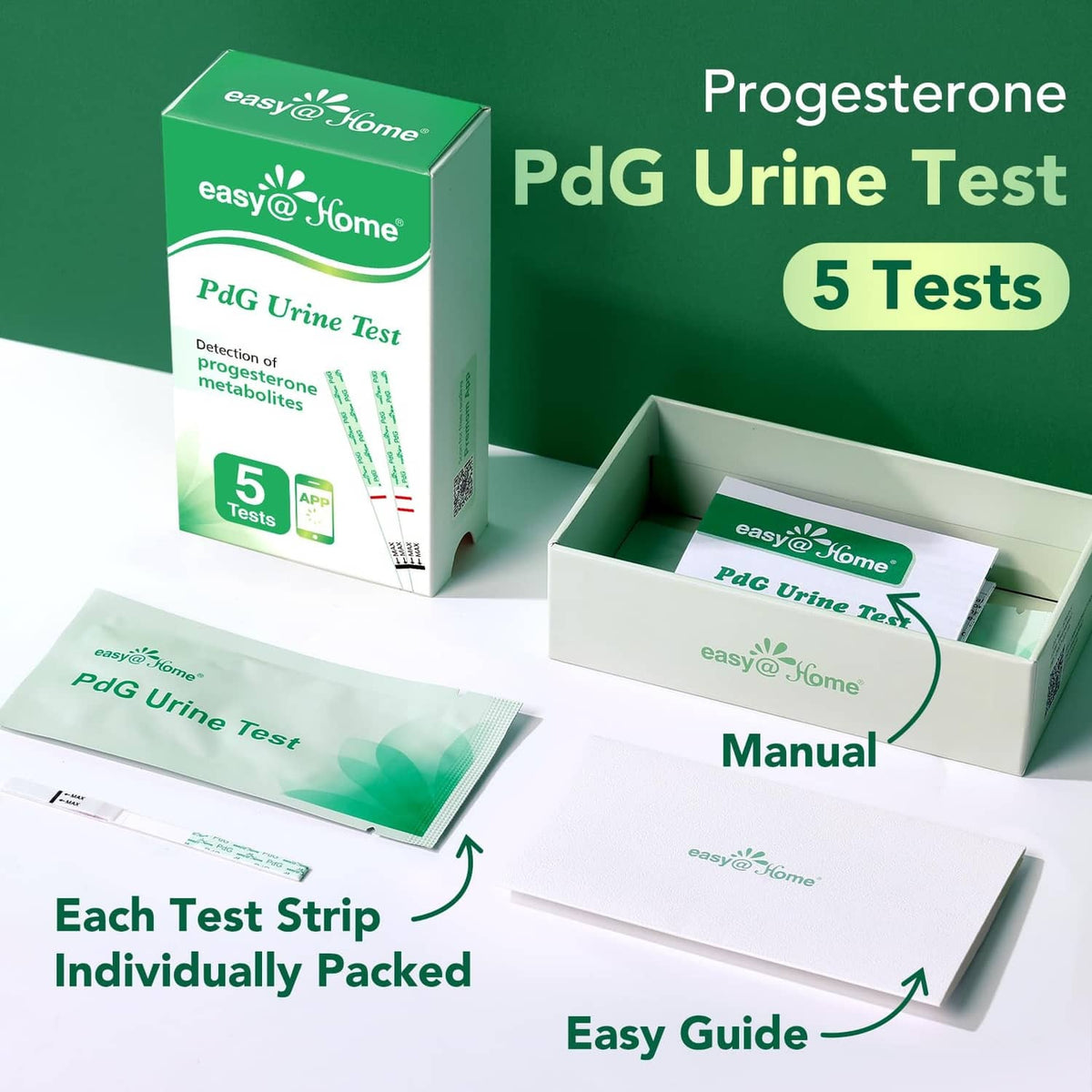 PdG urine test kit box with five tests, manual, and individually packed strips