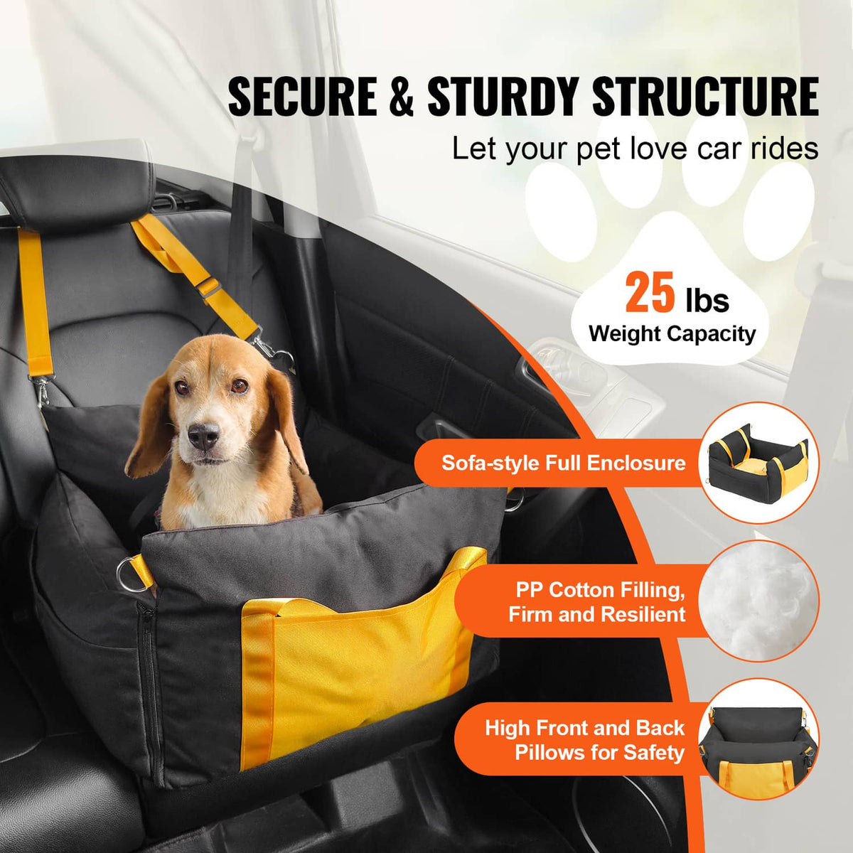 Black dog booster car seat for car interior with yellow front and back safety pillows