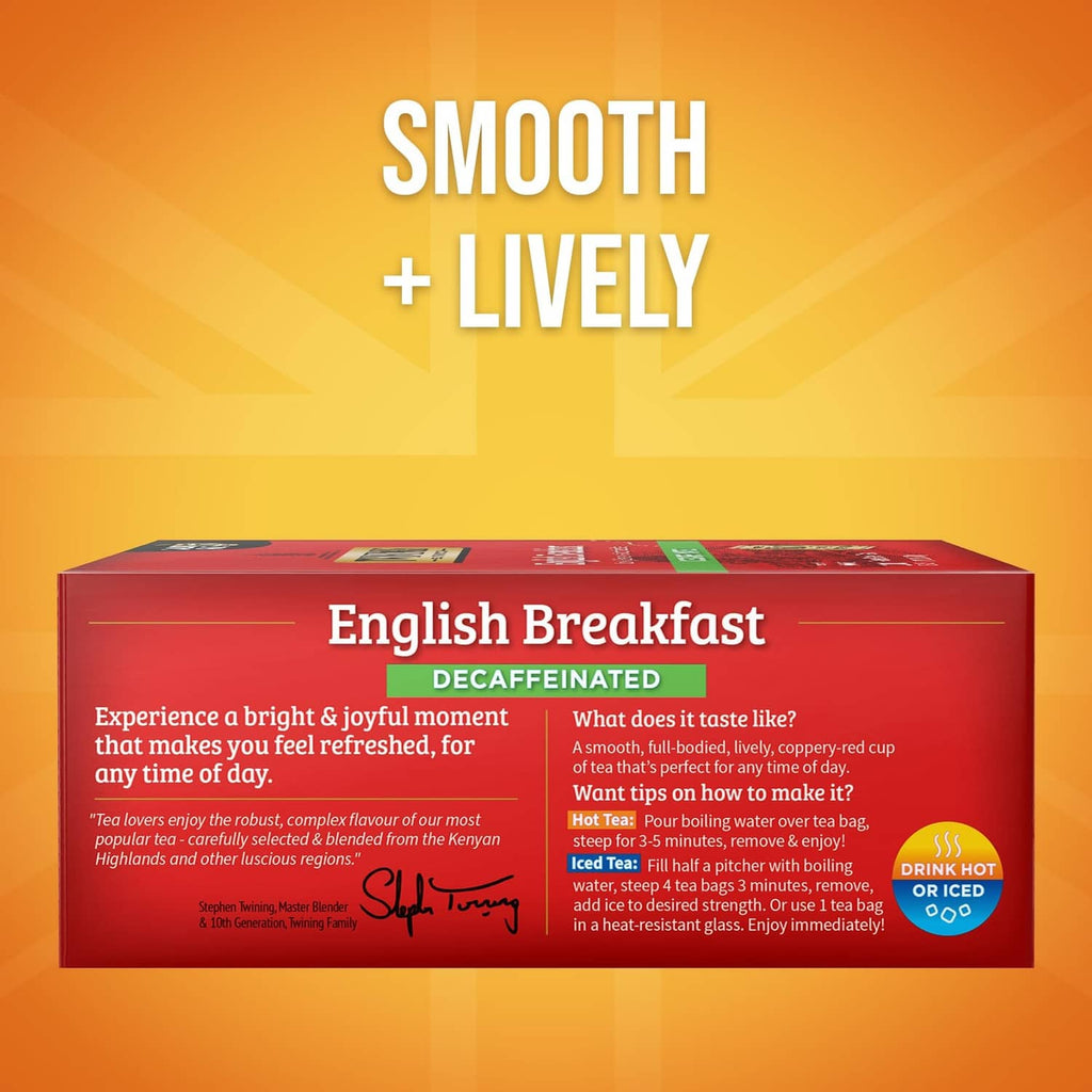 Twinings English Breakfast decaffeinated tea box back panel with serving details