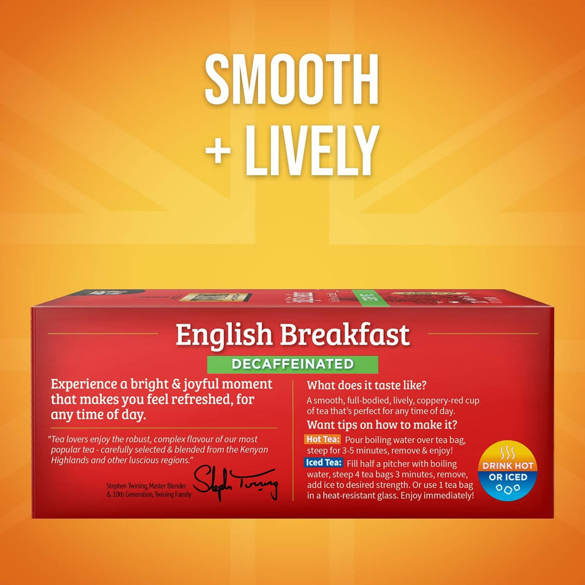 Twinings English Breakfast decaffeinated tea box back panel with serving details