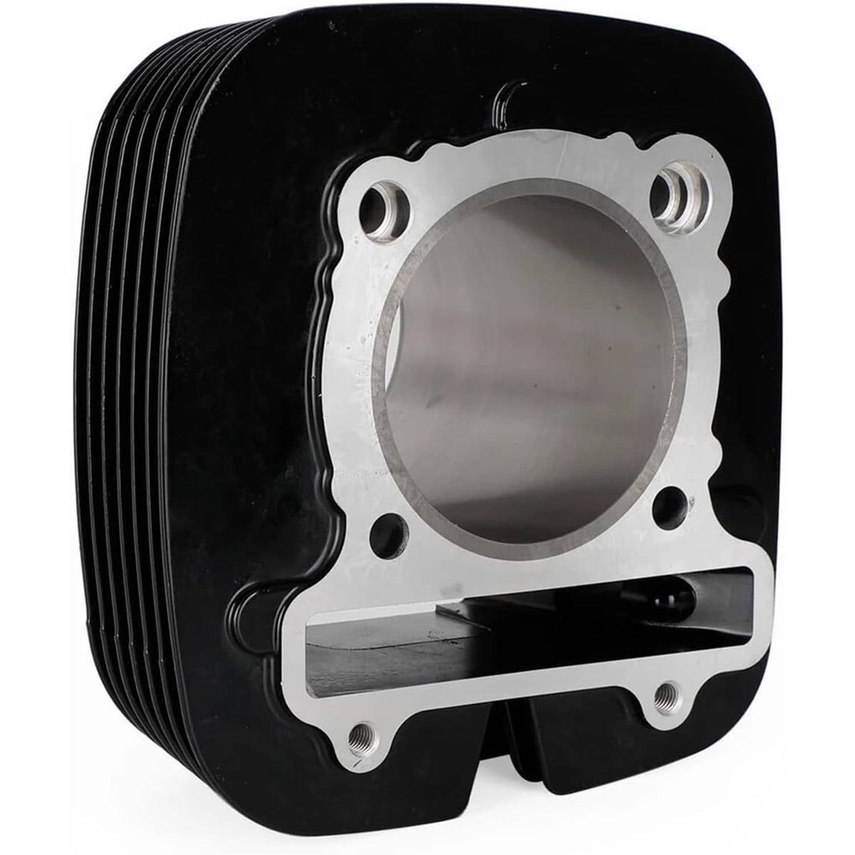 Cylinder barrel with round bore opening and black fin housing, top view