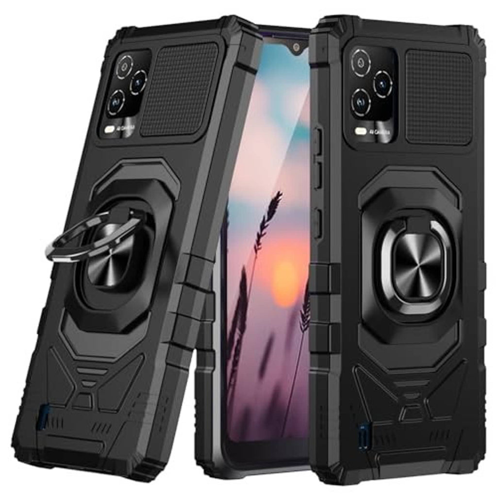 Black rugged phone case with ring grip, textured back, and camera cutouts