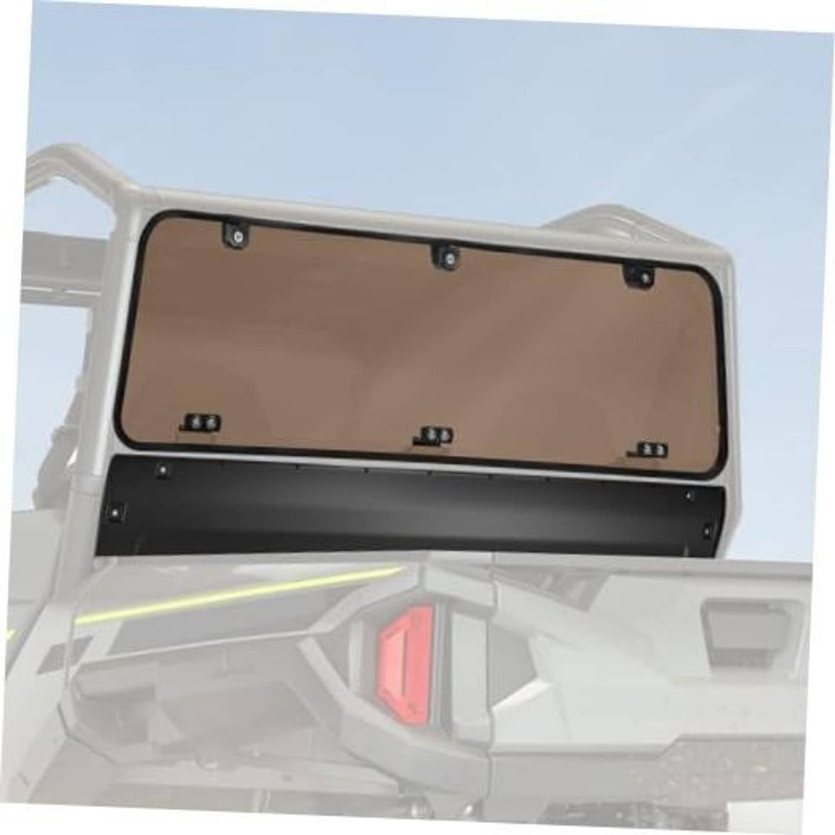 Tinted rear windshield panel with black frame and mounting hardware