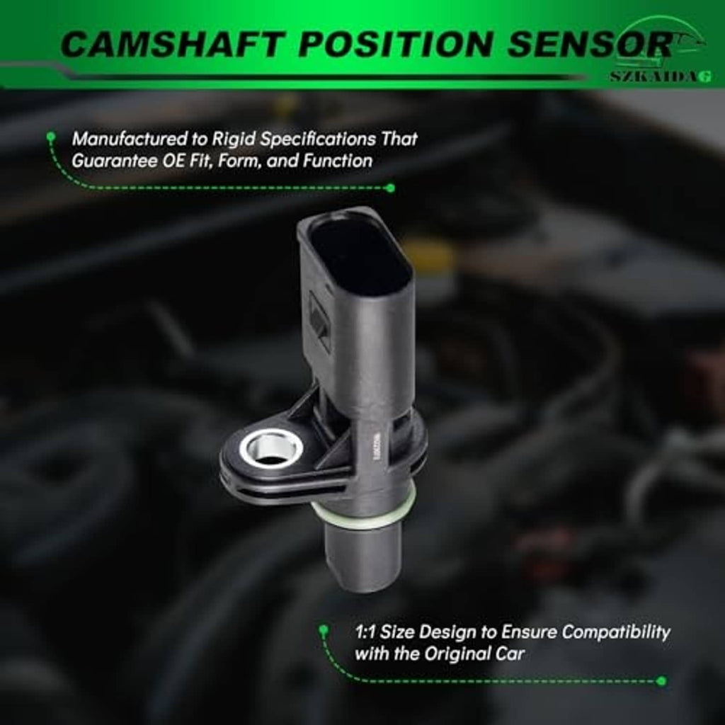 Camshaft position sensor on an engine mount, gray body with black electrical connector