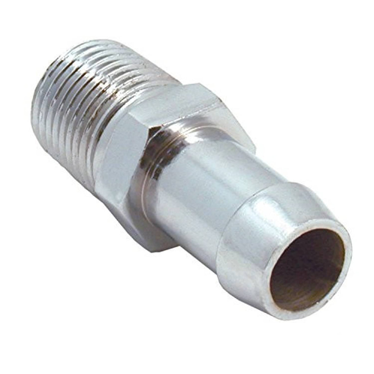 Silver barbed heater hose fitting with coarse threads and hex collar, 5/8 in