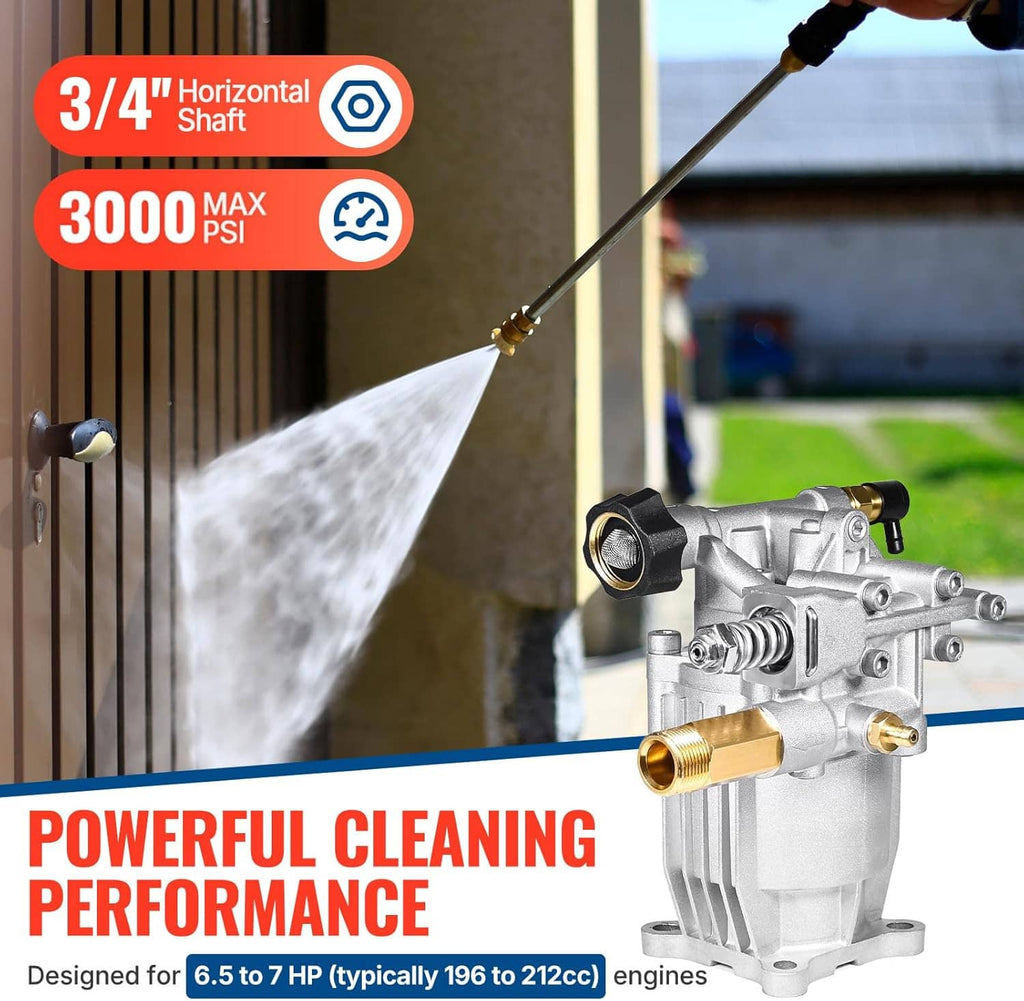 3/4-inch horizontal pressure washer pump spraying water with nozzle and pump body