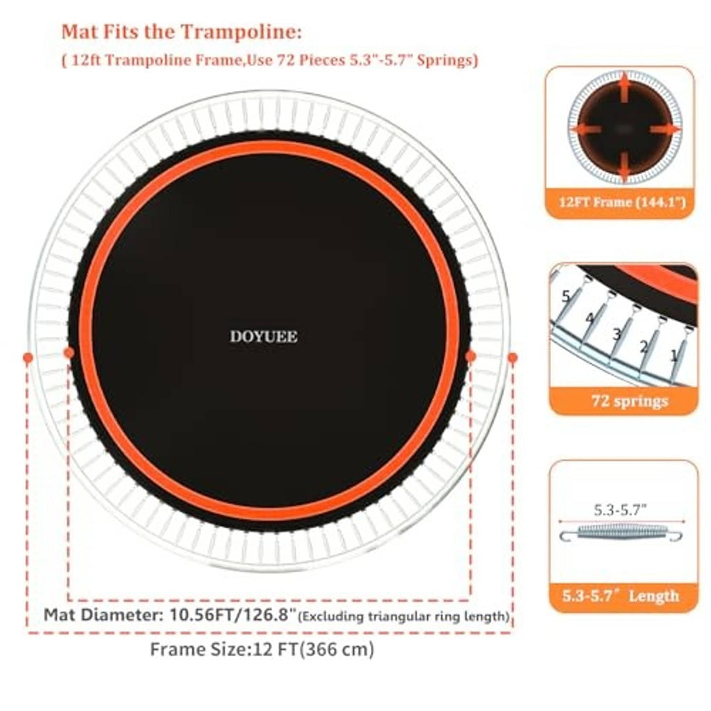 Trampoline mat diagram: black surface with orange ring; 10.56ft diameter for 12ft frame.