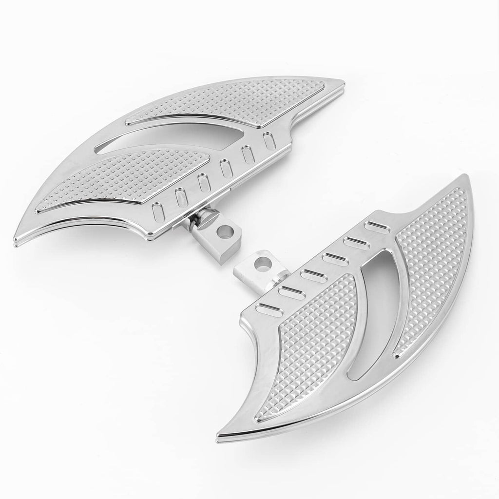 Motorcycle front floorboard foot pegs pair with diamond-texture surface and mounting brackets, silver