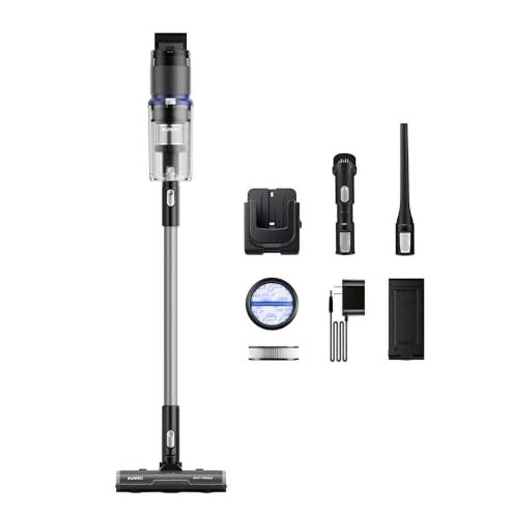 Black cordless stick vacuum with clear dust bin and included brush and crevice tools