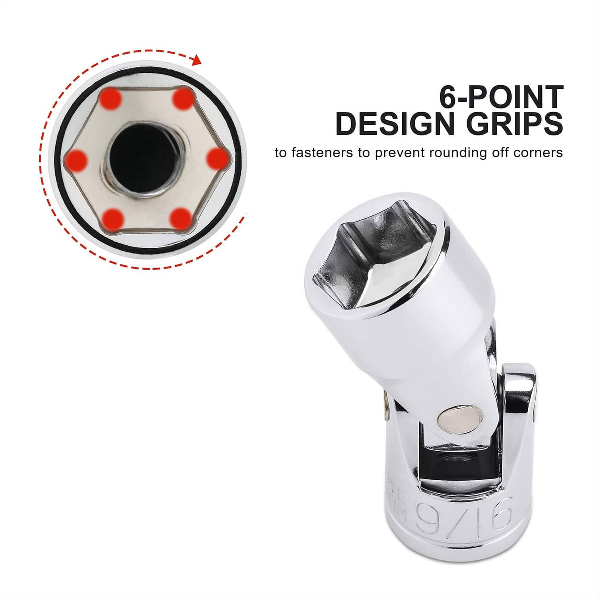Chrome 6-point grip socket with hex recess detail for 3/8 in drive