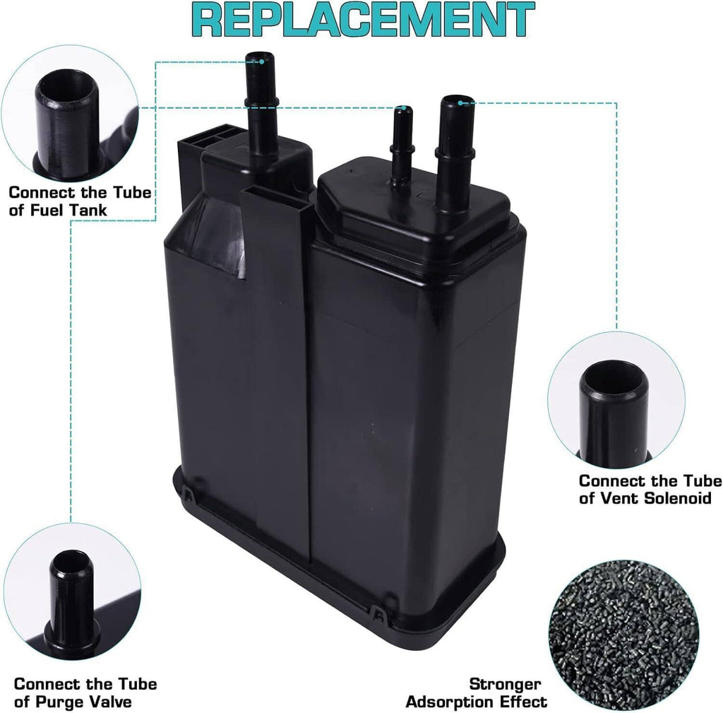 Black vapor canister with multiple top hose connections and outlets