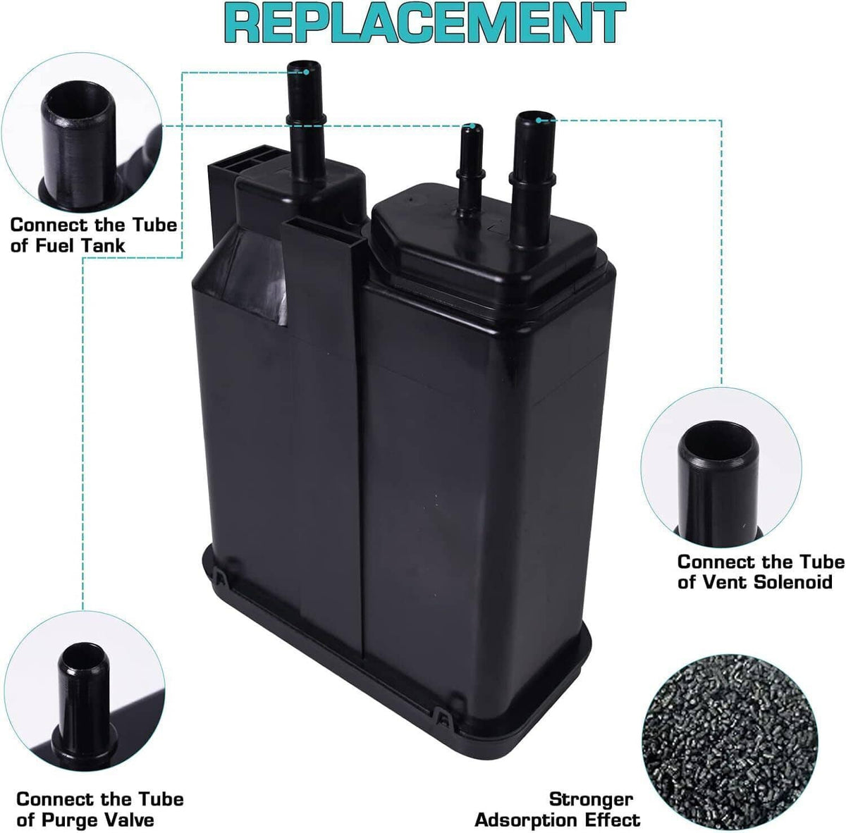 Black vapor canister with multiple top hose connections and outlets