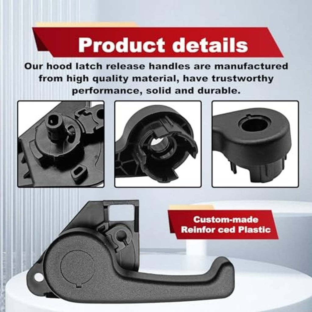Hood latch release handle with mounting bracket, close-up product details view