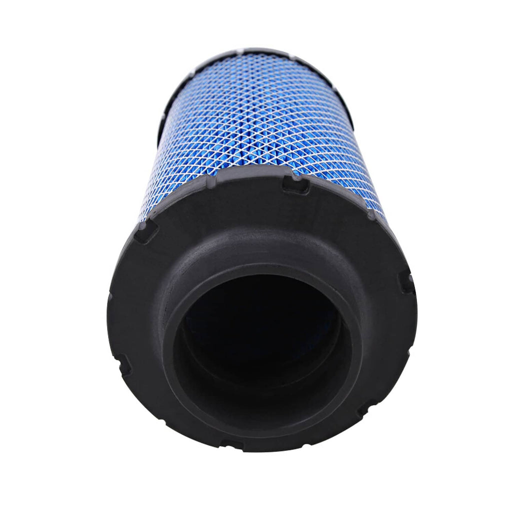 Front view of blue mesh air filter cartridge with black intake opening