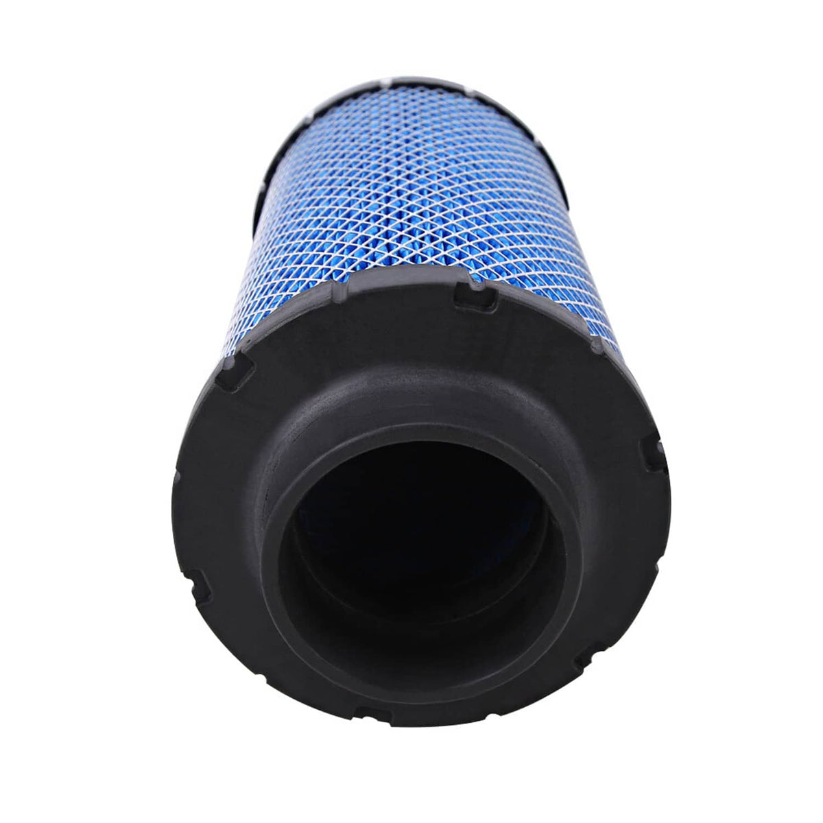 Front view of blue mesh air filter cartridge with black intake opening