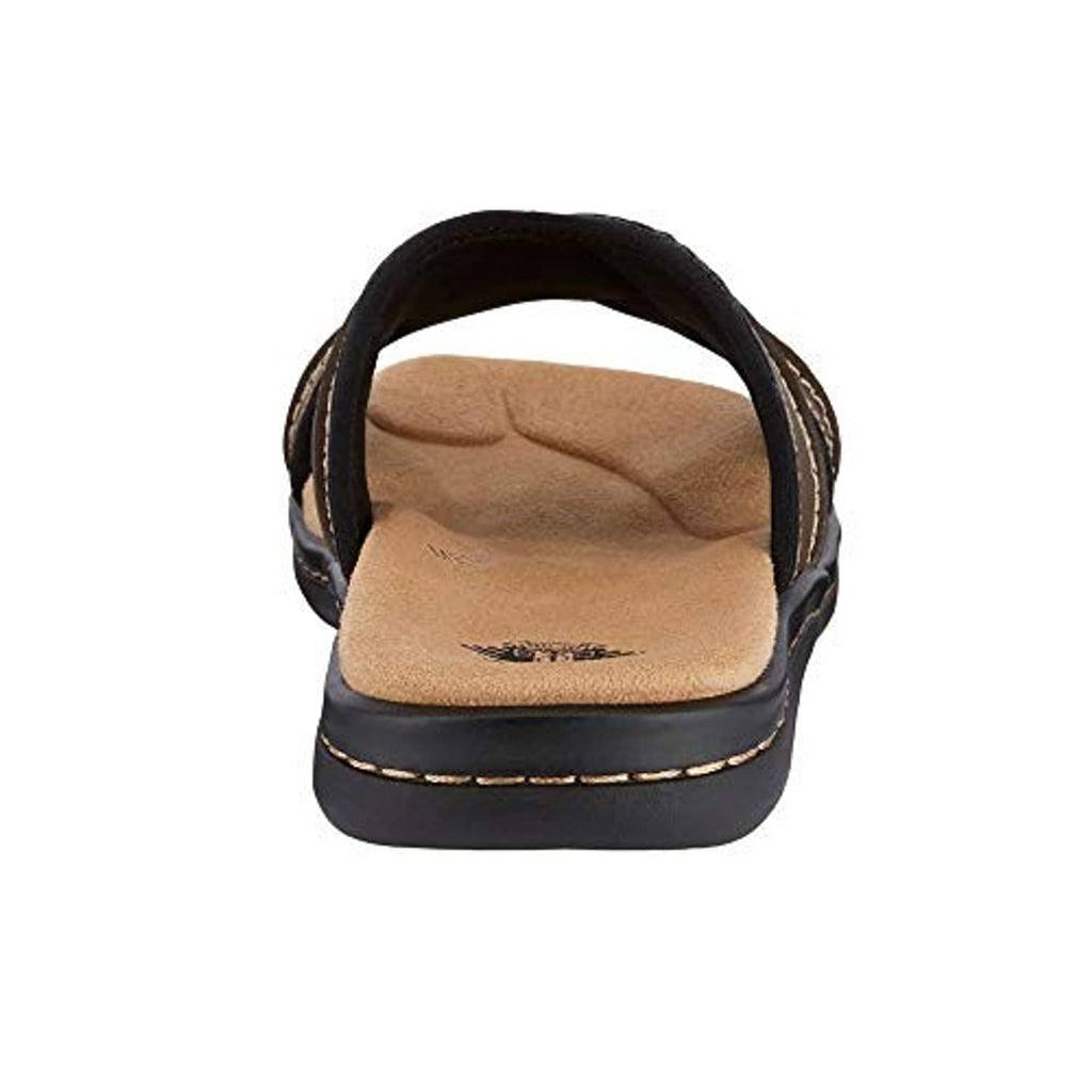 Dark brown slide sandals with textured footbed and padded back collar