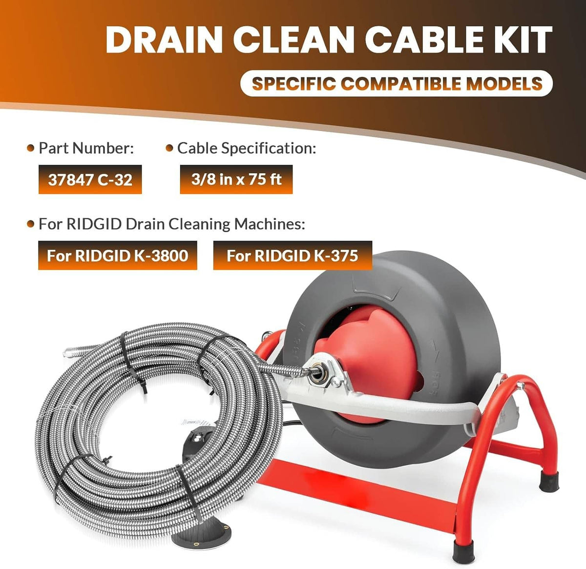 Drain clean cable kit with coiled metal cable and drum-style cable holder