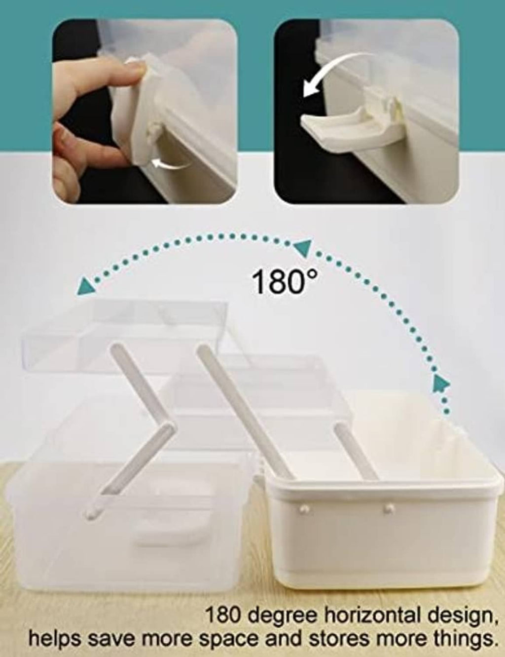 White plastic tackle box with 180-degree open lid and supporting divider arms
