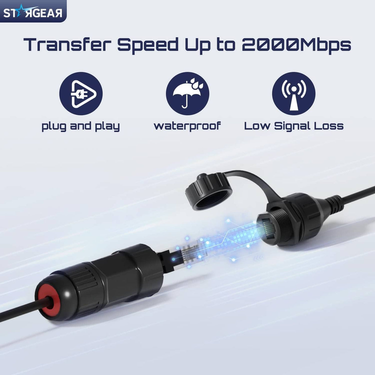 Black Ethernet adapter coupler with cable and red-ring locking ports