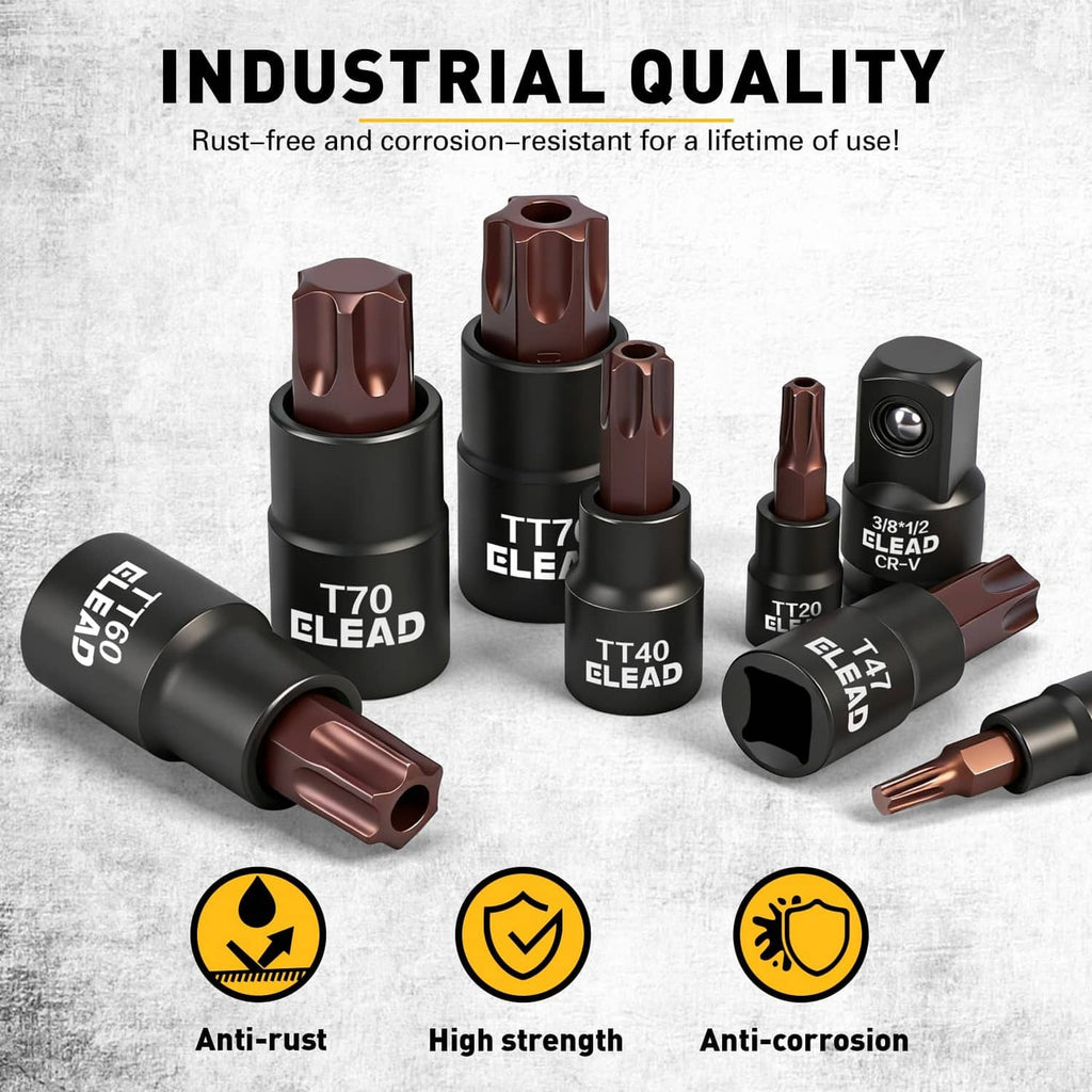 Torx socket set pieces with black holders and copper-colored bit ends