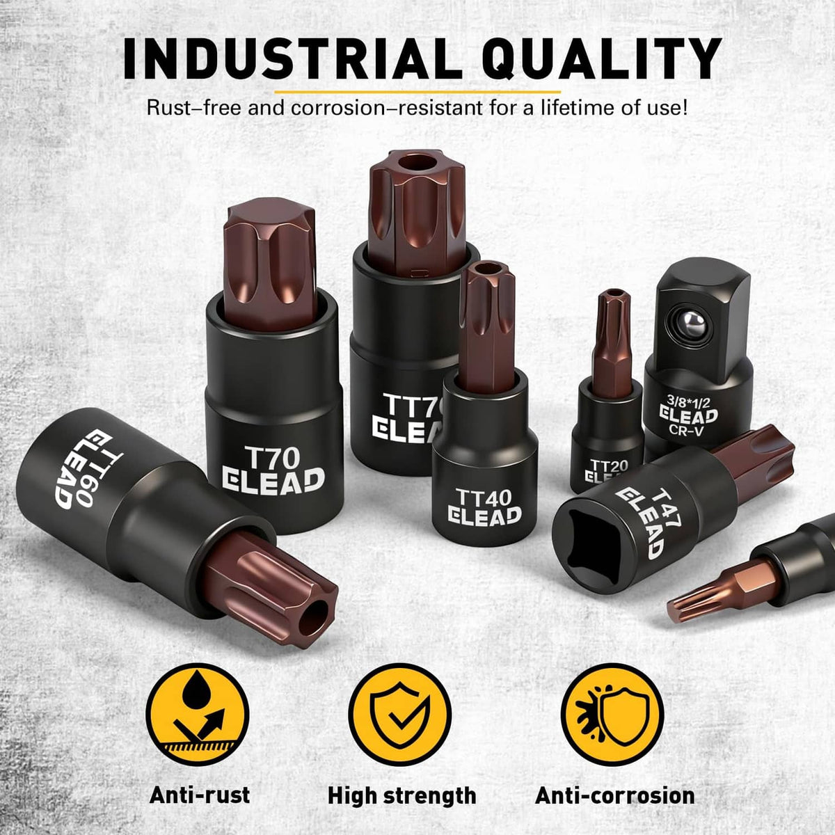Torx socket set pieces with black holders and copper-colored bit ends