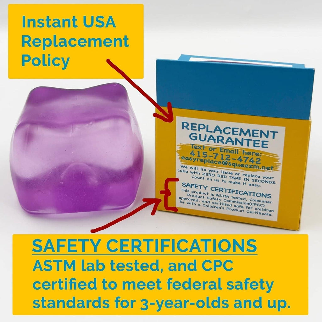 Purple Big Block stress cube with replacement guarantee packaging