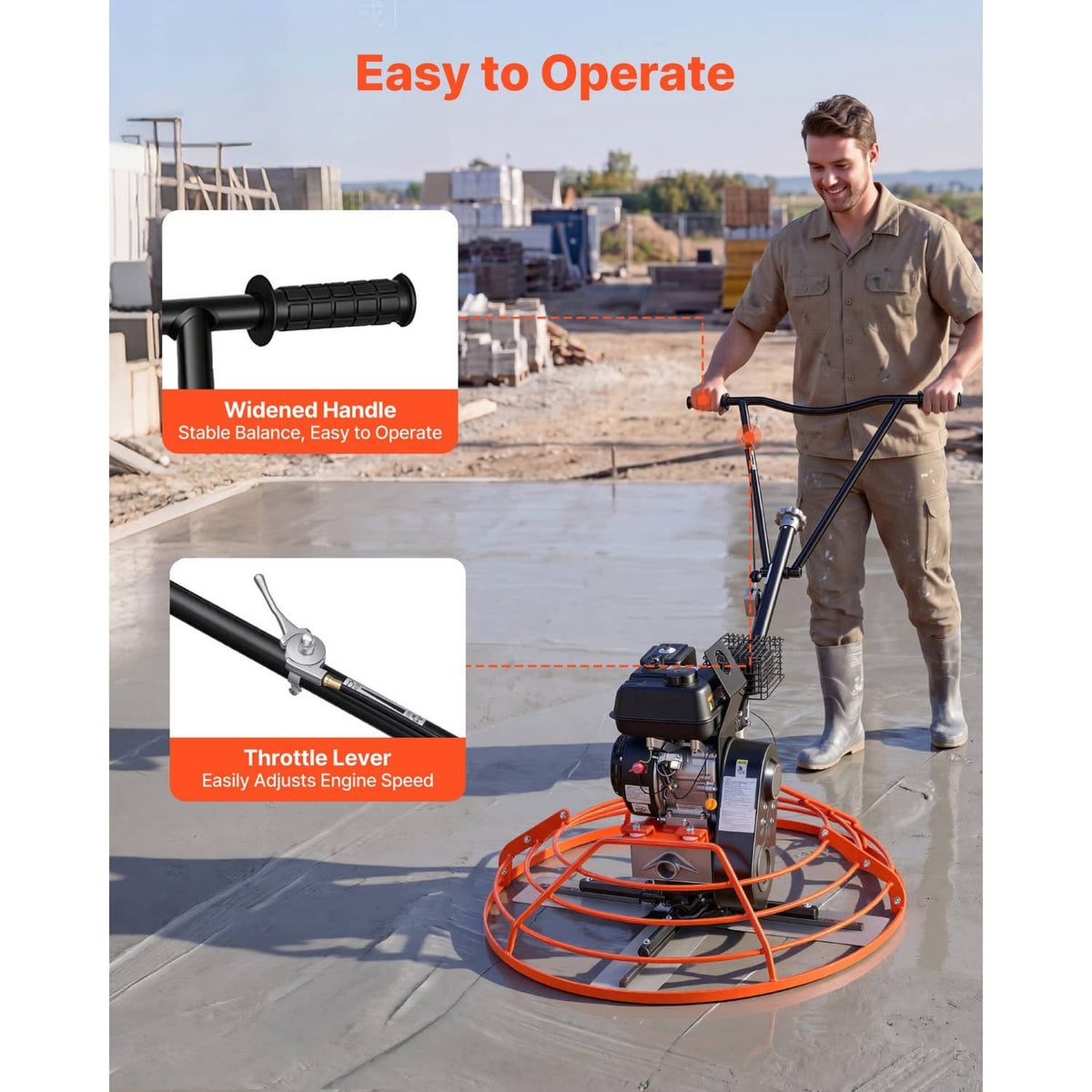 Gas-powered concrete power trowel with throttle lever and orange floating ring