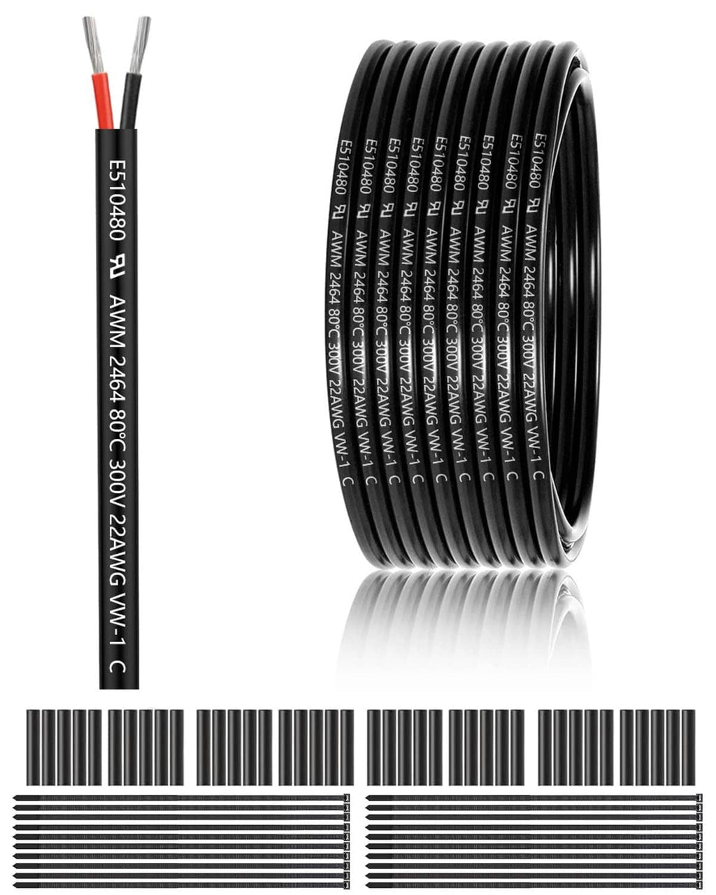 Black and red 2-conductor electrical wire cable, coiled with printed jacket text
