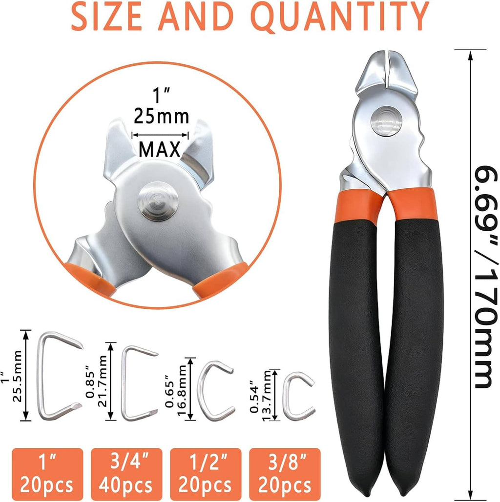 Straight hog ring pliers kit with galvanized rings in multiple sizes