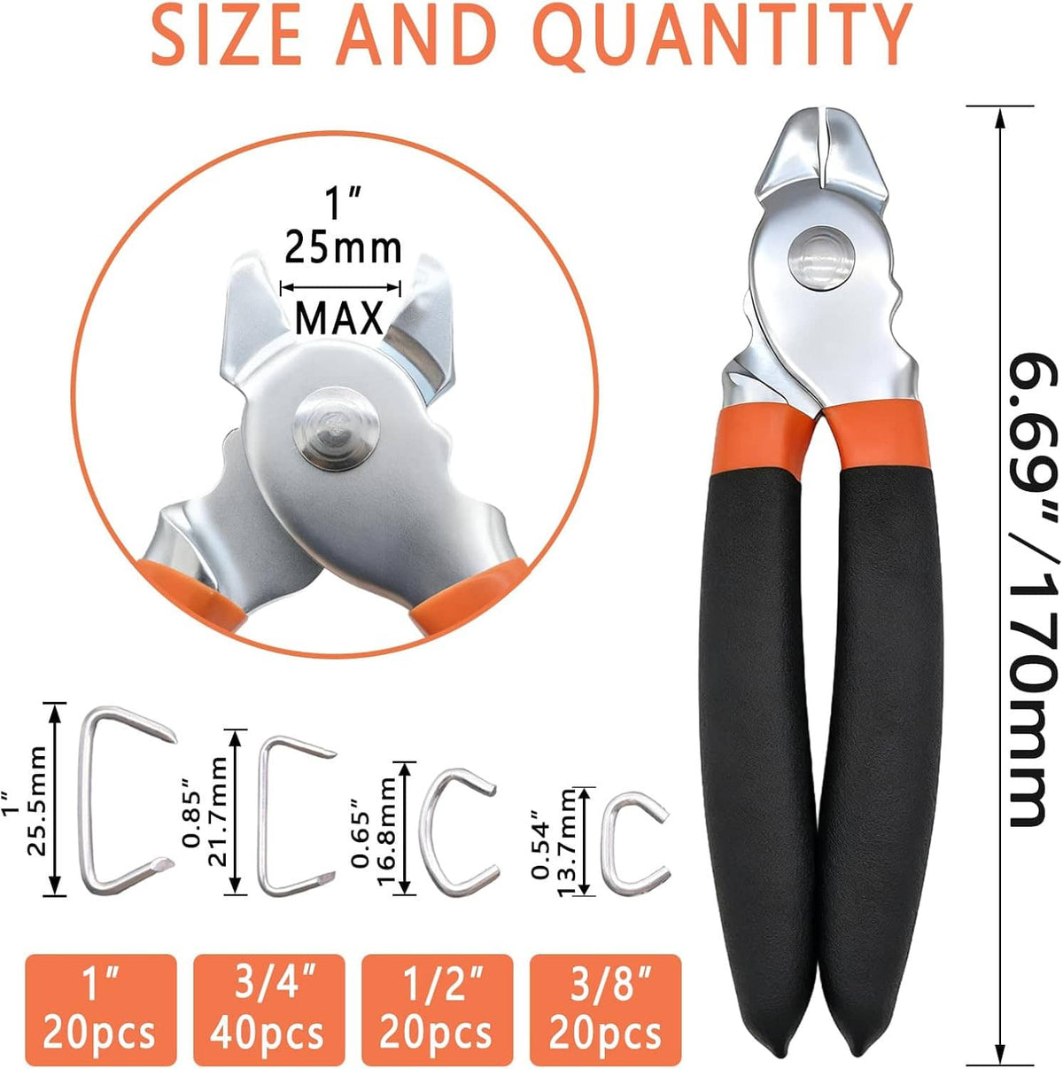 Straight hog ring pliers kit with galvanized rings in multiple sizes