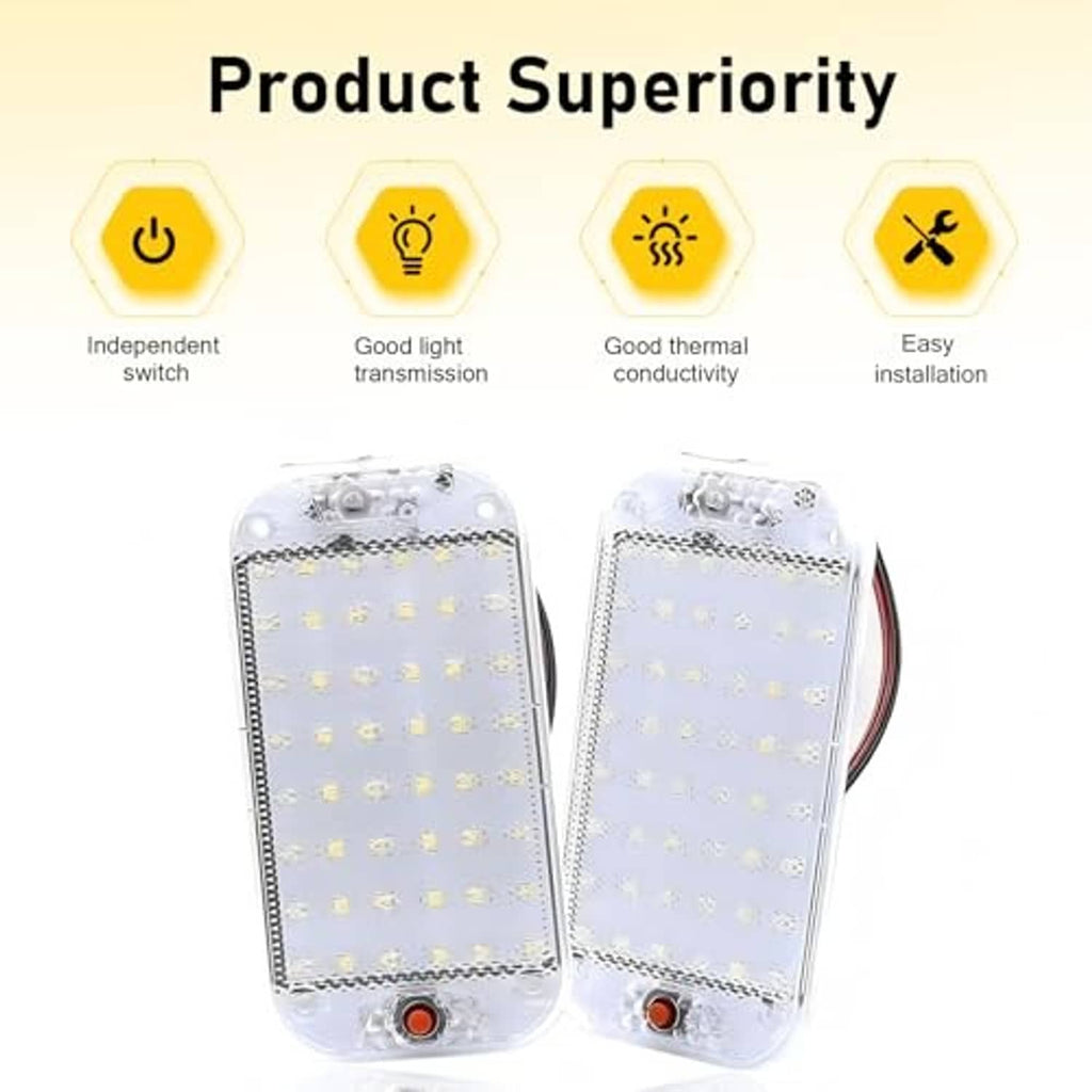 Two clear car LED dome lights showing circuit panel and red switch button