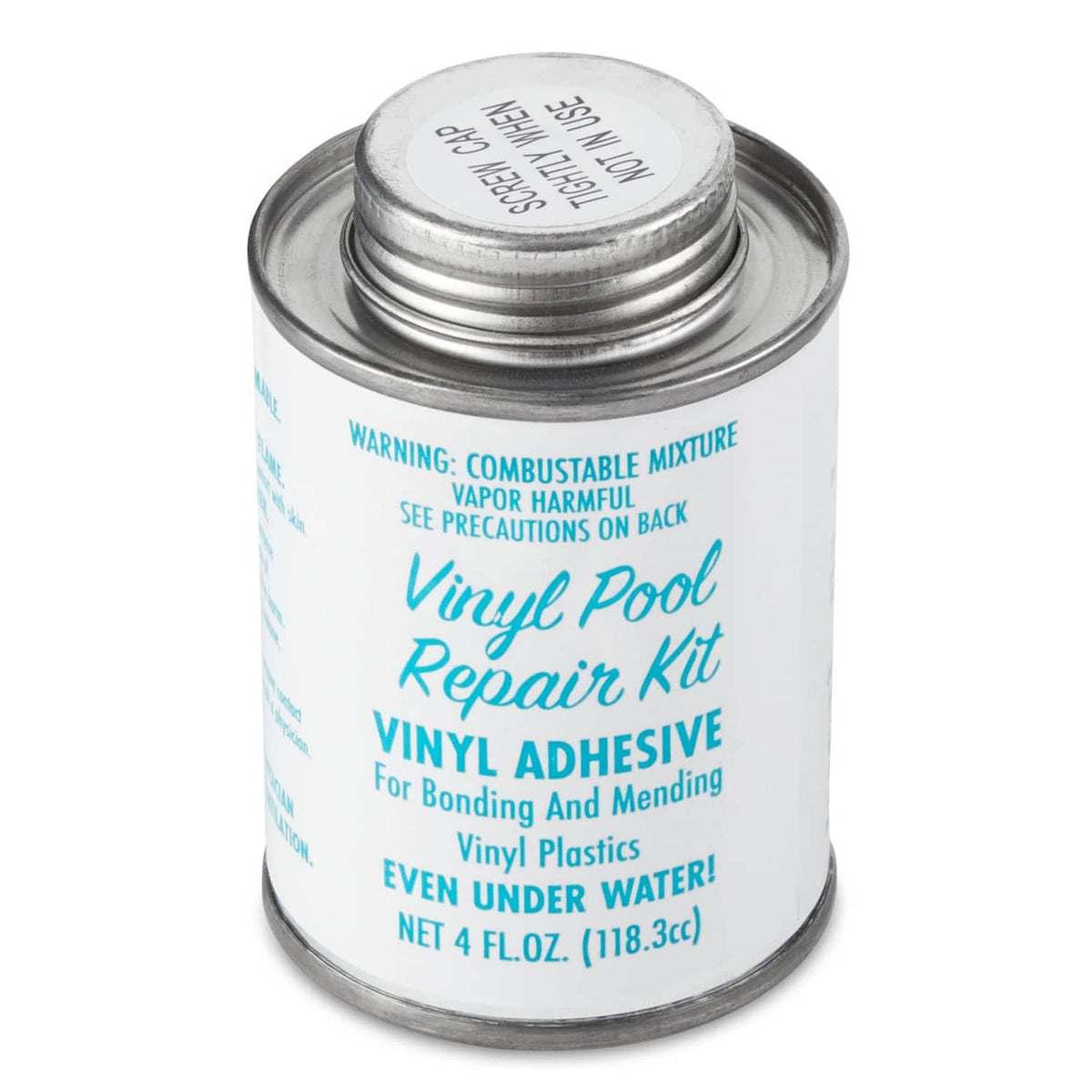 Vinyl pool repair adhesive can, silver metal can with blue label and warning