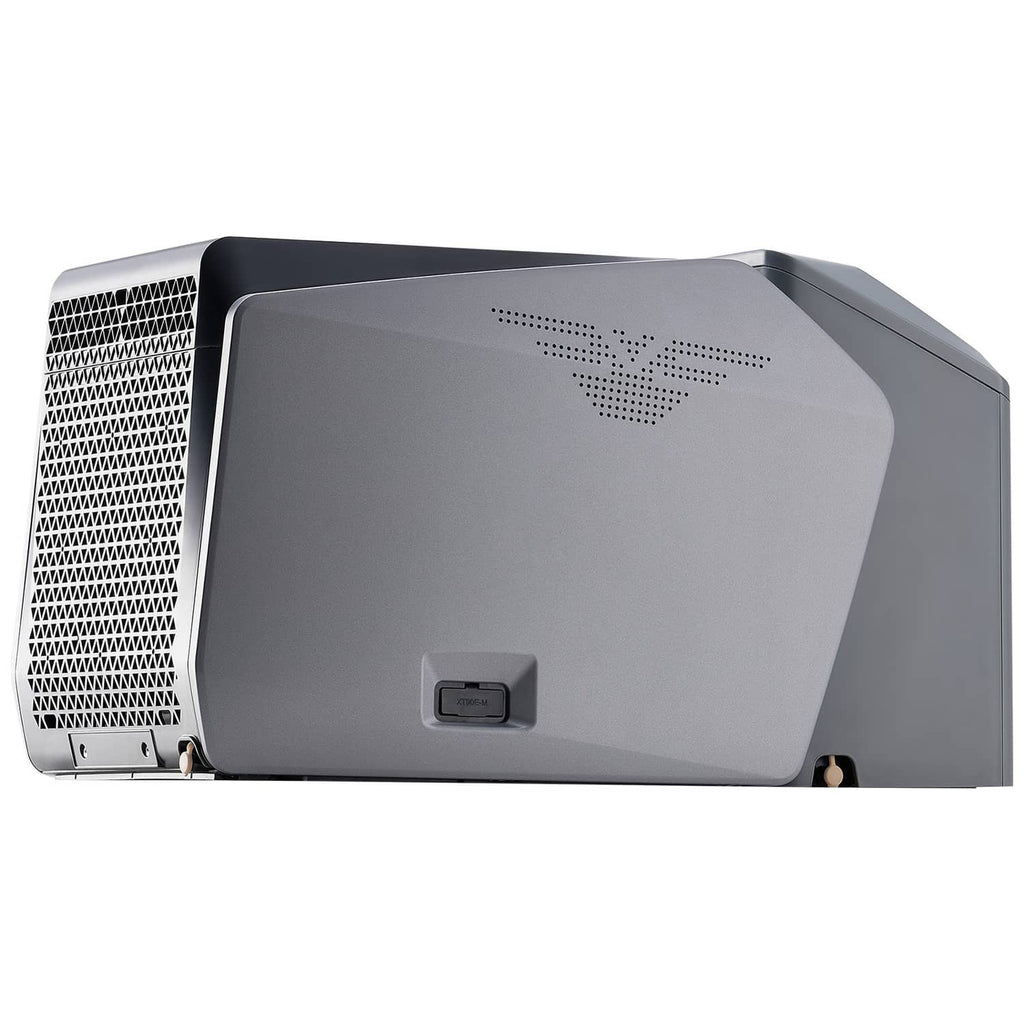 Portable air conditioner unit, gray body with front intake grille and vented top