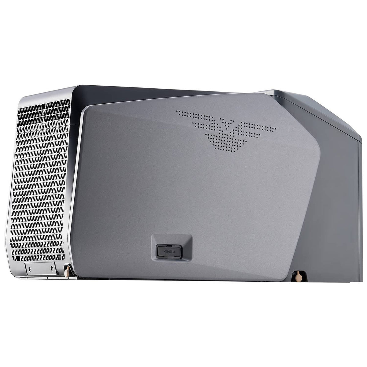 Portable air conditioner unit, gray body with front intake grille and vented top
