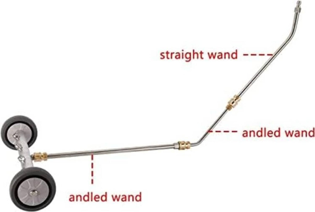 Water broom tool showing straight and angled wand outlets beside wheel frame