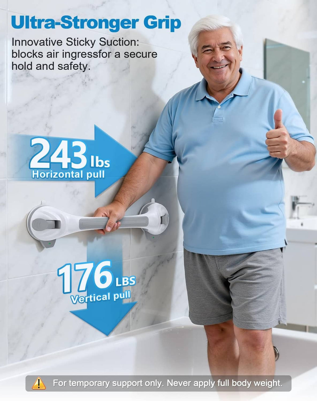 White suction-cup shower grab bar with long handle for secure support