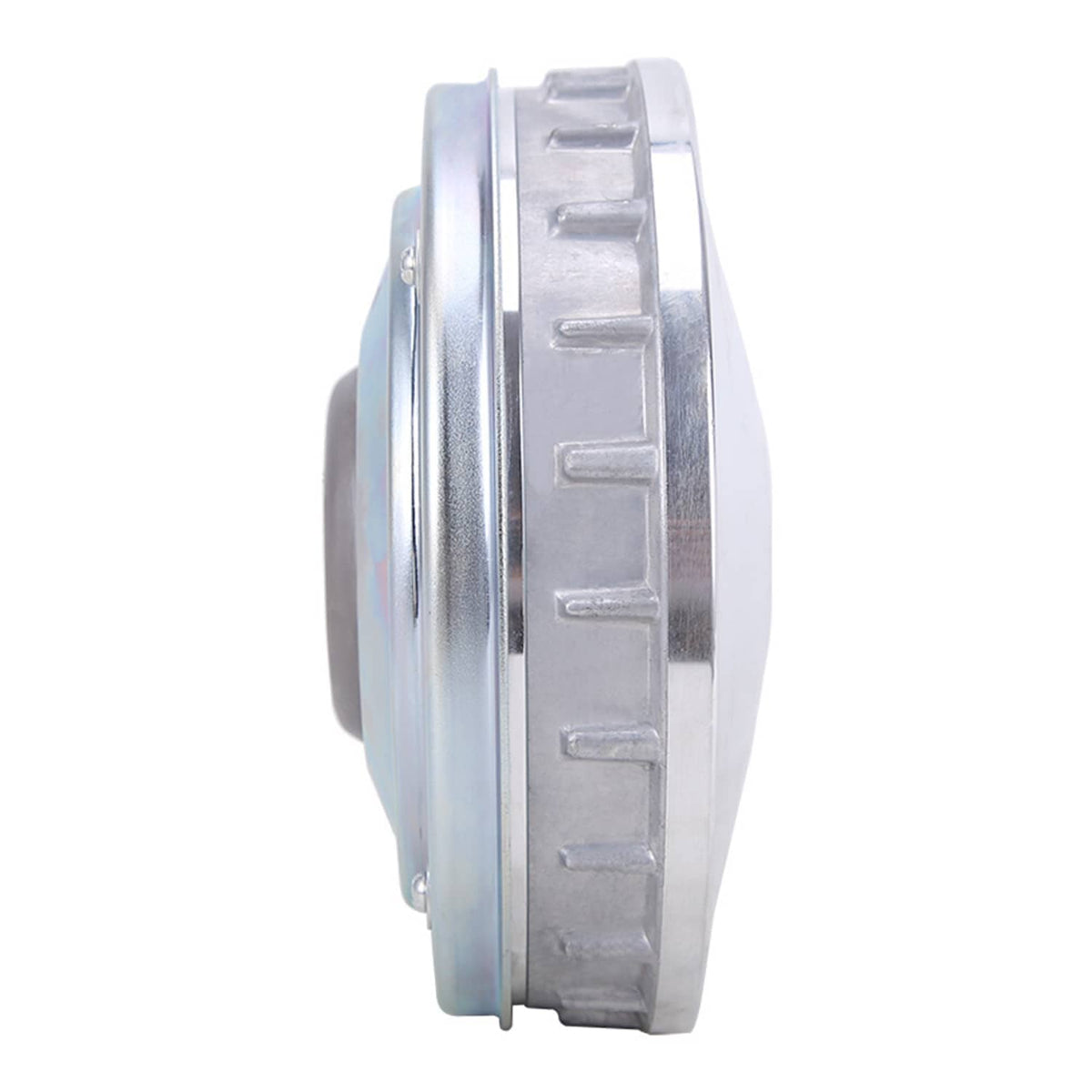 Side view of silver sliding sheave housing with machined edge and gear teeth