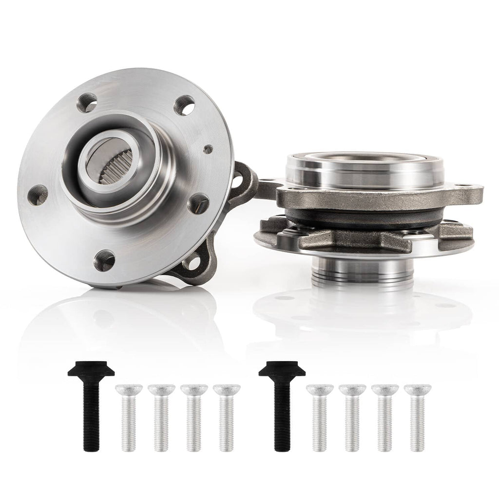 Wheel hub bearing assembly pair with flanges, shaft bearings, and bolt kits