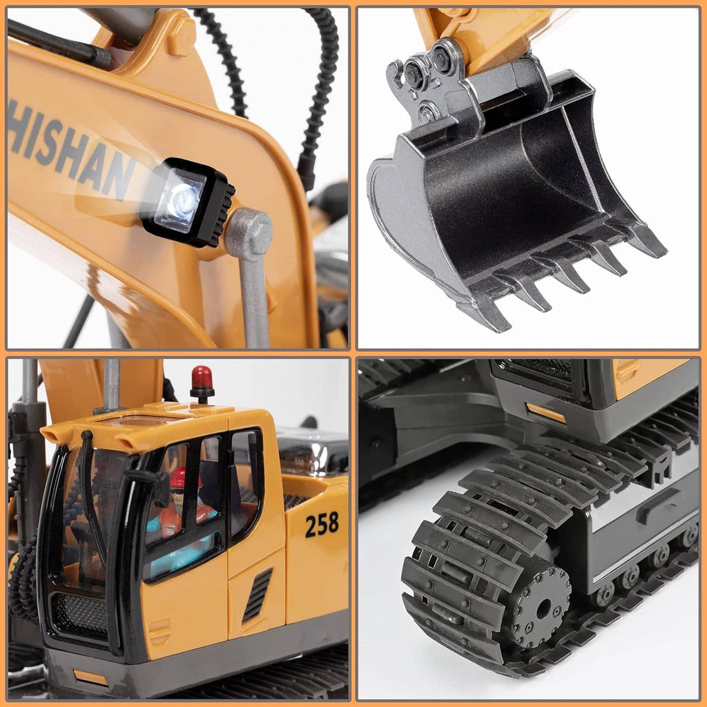 RC excavator details: light on arm, metal bucket, cab window, and tread tracks