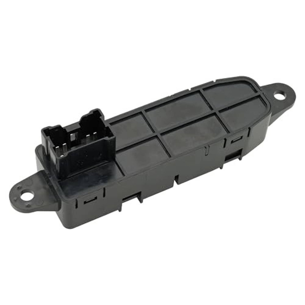 Power seat control switch with open wiring side and connector area, dark gray plastic