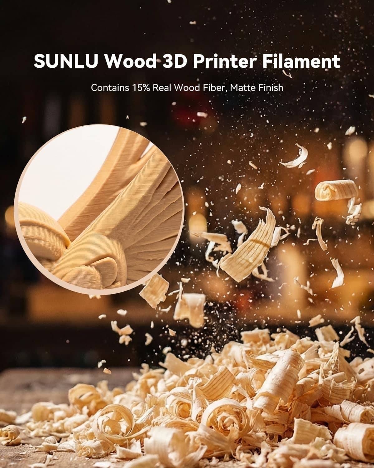 Wood PLA filament with scattered wood shavings and close-up tan filament texture