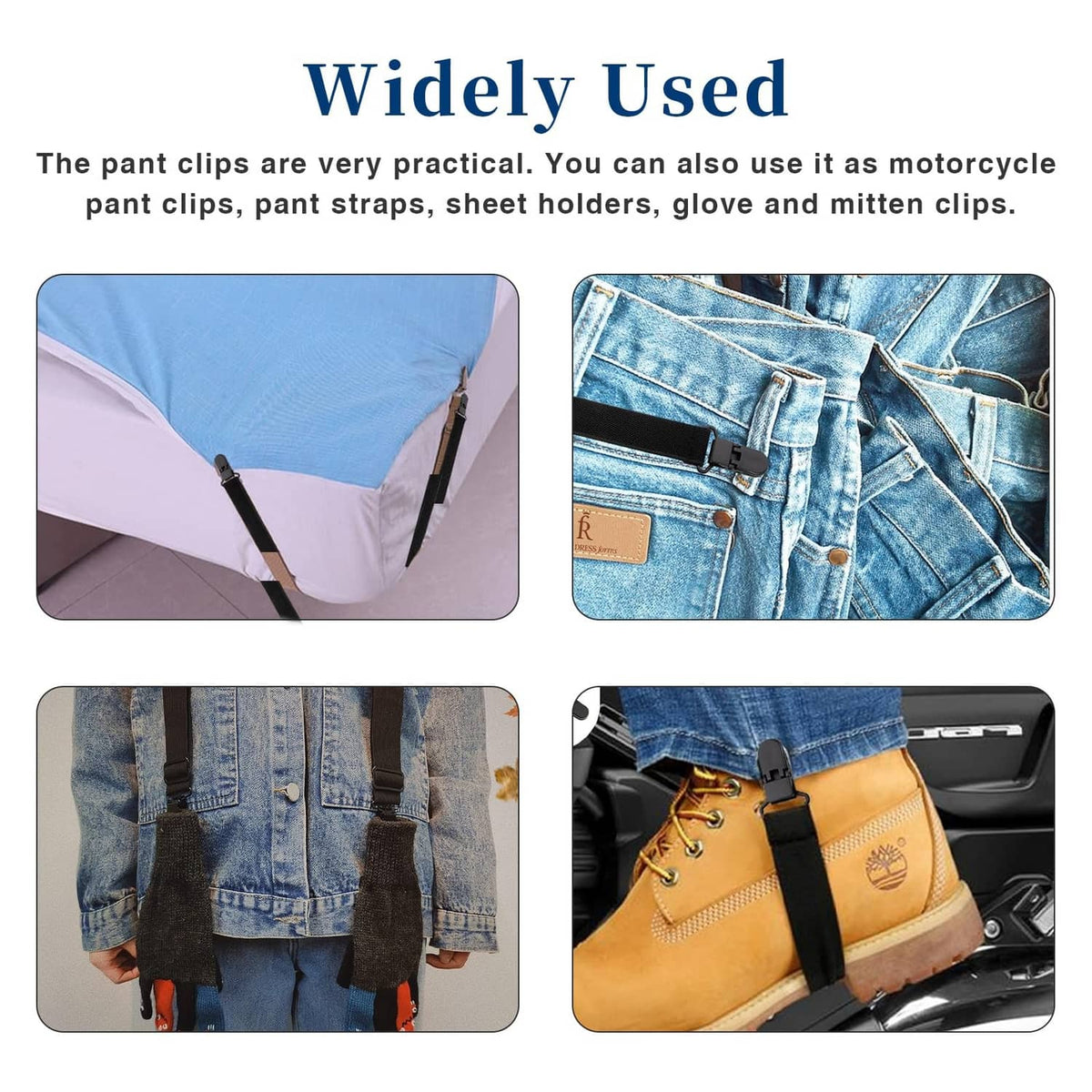 Four black boot straps with clamps attached to pant cuffs and denim