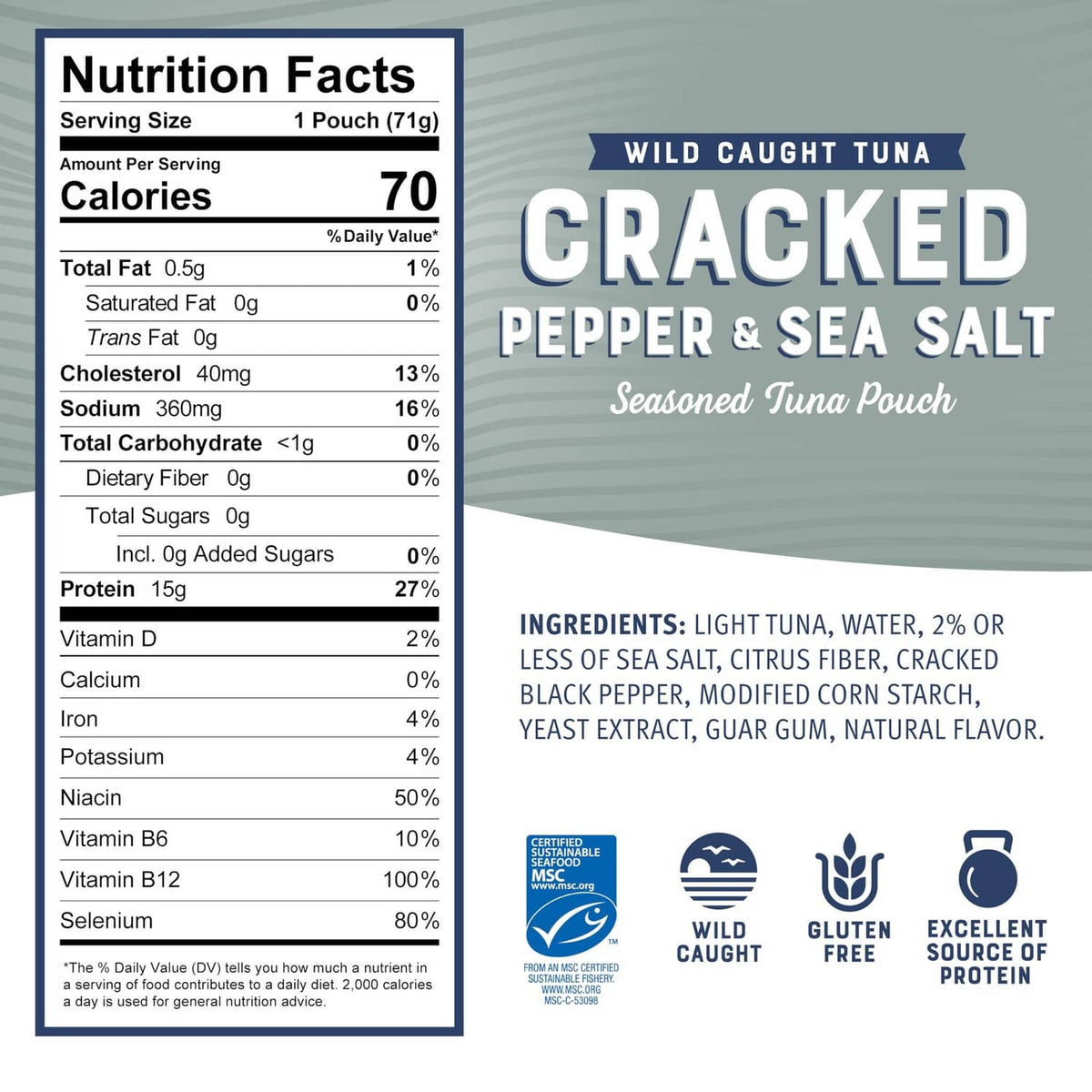 Nutrition facts and ingredients for cracked pepper & sea salt seasoned tuna pouch