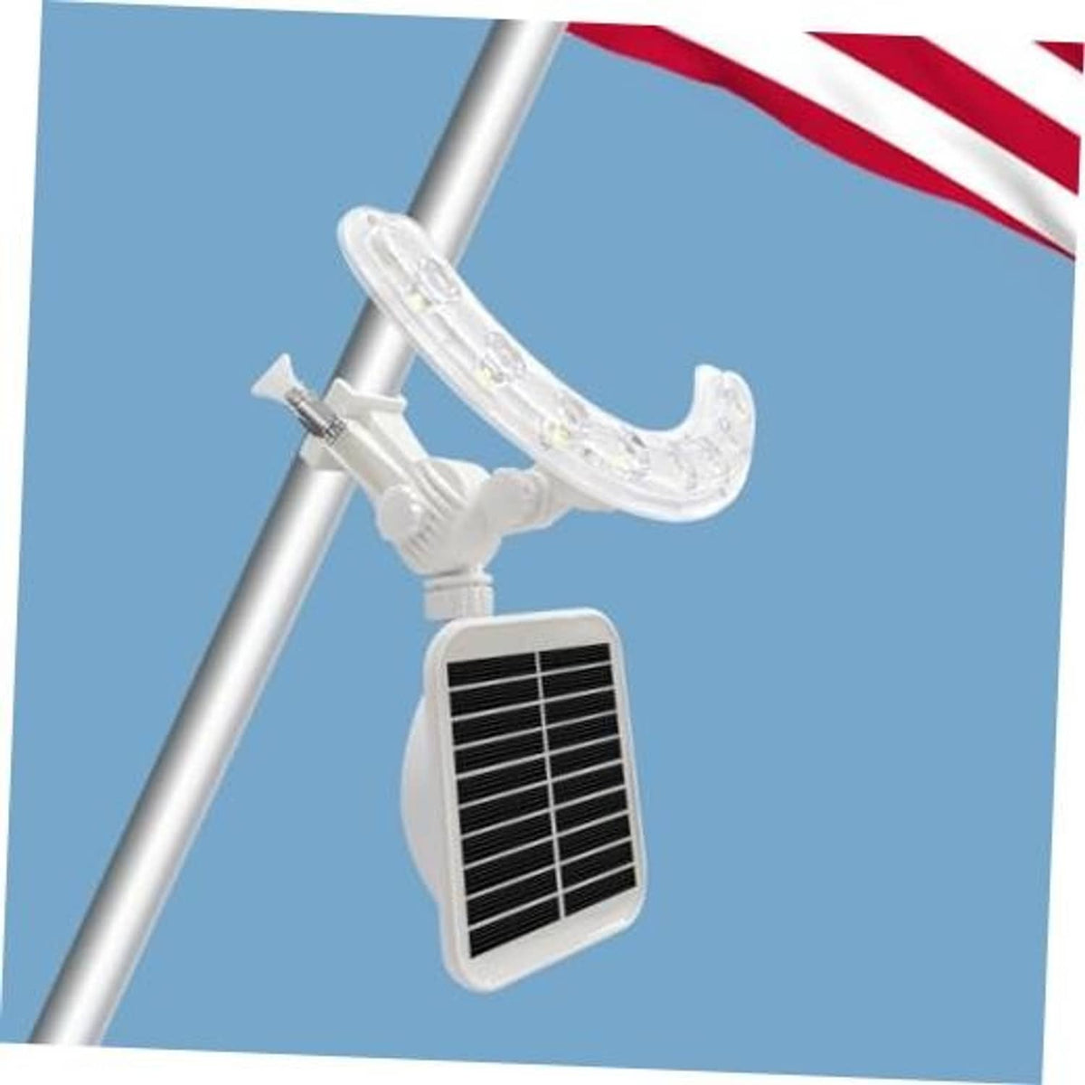 Solar flagpole light with curved white LED housing and rectangular solar panel