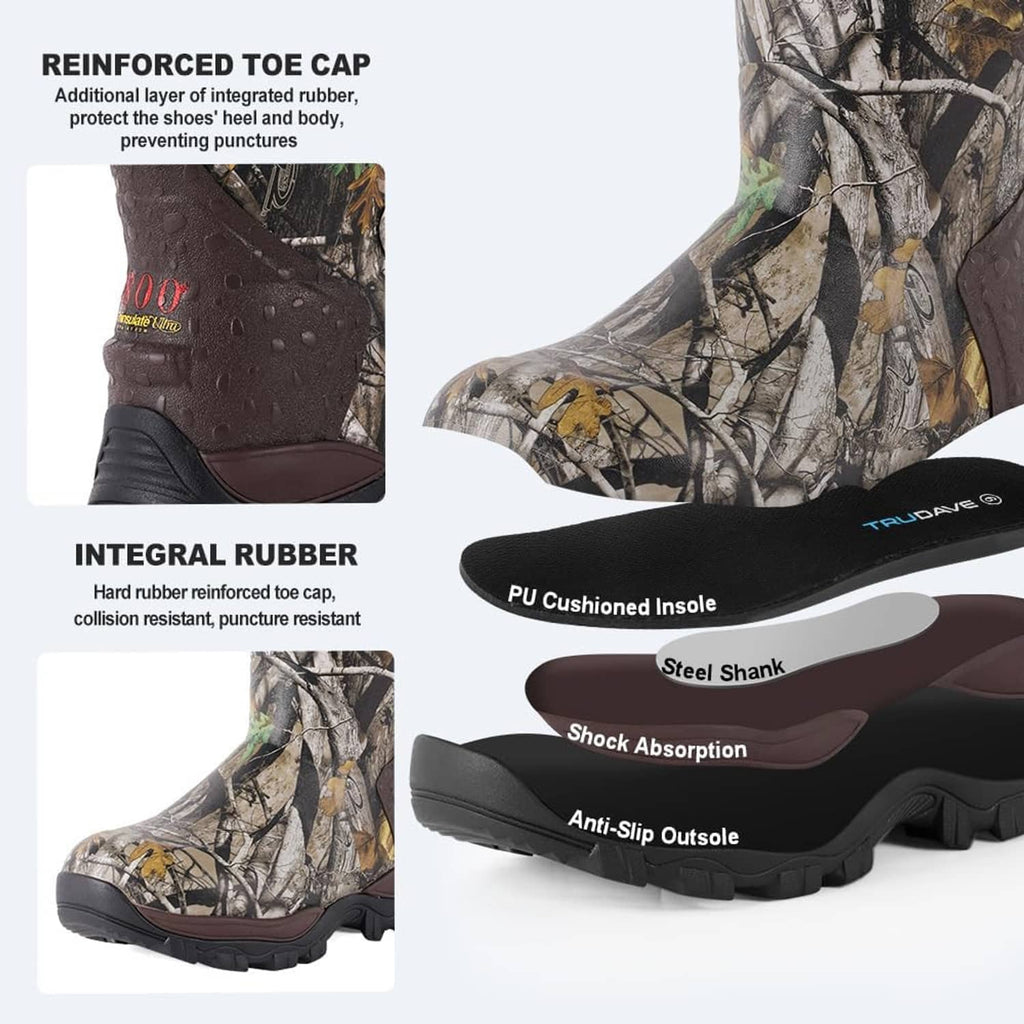 Camo hunting boots with reinforced toe cap, PU cushioned insole, and steel shank.